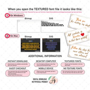 May include: A digital download of a textured font file. The image shows how the font appears on a Windows and Mac computer. The font is displayed in a black and white color scheme. The image also includes information about instant download, guest checkout, desktop computer, mobile device, textured fonts, and no texture fonts. The image includes the text "Thank you for visiting my shop!" and "Add products to favorites to find them quickly!" and "Follow the shop for more offers and new releases!"
