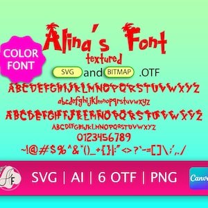 Peut inclure: Une conception de police numérique nommée "Alina's Font" en rouge, avec un style texturé. La conception comprend des alphabets majuscules et minuscules, des chiffres et des symboles. L'image comprend également le texte "COLOR FONT", "SVG and BITMAP .OTF".