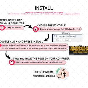 May include: A step-by-step guide on how to install a font on your computer. The guide includes instructions for both Windows and Mac operating systems. The font file name is "Chinese-dragon-textured-font-2024.OpenTypeFont".