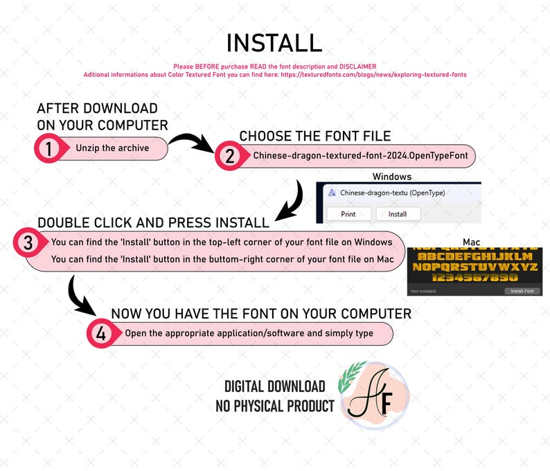 May include: A step-by-step guide on how to install a font on your computer. The guide includes instructions for both Windows and Mac operating systems. The font file name is "Chinese-dragon-textured-font-2024.OpenTypeFont".