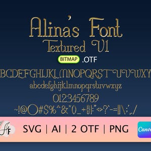 Puede incluir: Un diseño de fuente dorada llamado "Alinas Font Textured VI" con una imagen de mapa de bits del alfabeto en mayúsculas y minúsculas, números y símbolos. La fuente está disponible en los formatos SVG, AI, OTF y PNG.