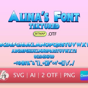 Op de afbeelding: Een blauw en wit textuur lettertype genaamd "Alina's Font" met hoofdletters, cijfers en symbolen. Het lettertype is beschikbaar in de formaten SVG, AI, OTF en PNG.