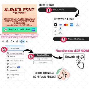 May include: A digital download graphic showing the steps to purchase a textured font. The font is called "Alina's Font Textured" and includes the letters of the alphabet, numbers, and symbols. The graphic includes instructions on how to add the font to your basket, proceed to checkout, and download the files. The graphic also includes a disclaimer to read the font description before purchasing.