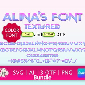 Puede incluir: Un diseño de fuente digital titulado "Alina's Font" en un degradado de rosa y azul. El diseño incluye el alfabeto, números y símbolos. La imagen también incluye el texto "Color Font", "Textured" e información del tipo de archivo.