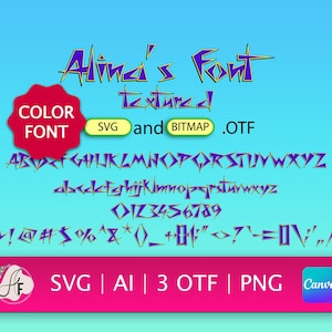 May include: A digital font design titled "Alina's Font" with a textured style. The font is displayed in purple with yellow accents against a blue gradient background. Includes uppercase, lowercase letters, numbers, and symbols. Formats include SVG, Bitmap, and OTF.