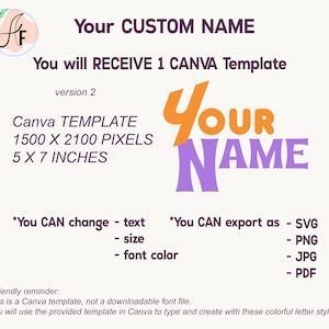 Op de afbeelding: Een digitaal Canva-sjabloon met de tekst Your CUSTOM NAME en You will RECEIVE 1 CANVA Template version 2. De afbeelding toont 1500 X 2100 PIXELS 12,7 X 17,78 CM met bewerkbare tekst, grootte, lettertypekleur en exportopties als SVG, PNG, JPG, PDF.
