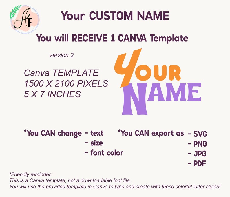 Op de afbeelding: Een digitaal Canva-sjabloon met de tekst Your CUSTOM NAME en You will RECEIVE 1 CANVA Template version 2. De afbeelding toont 1500 X 2100 PIXELS 12,7 X 17,78 CM met bewerkbare tekst, grootte, lettertypekleur en exportopties als SVG, PNG, JPG, PDF.