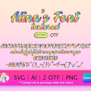 May include: A rainbow textured font called "Alina's Font" with uppercase and lowercase letters, numbers, and punctuation marks. The font is available in SVG, AI, OTF, and PNG formats. The text "BITMAP.OTF" is also visible in the image.