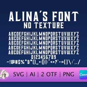 Könnte beinhalten: Ein weißes Schriftdesign namens "Alina's Font" ohne Textur. Die Schrift umfasst Großbuchstaben, Zahlen und Satzzeichen. Die Schrift wird auf einem dunkelblauen Hintergrund angezeigt.