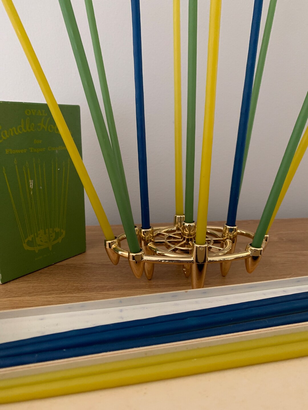 Vintage dansk tiny taper candles 12 each green yellow 11 blue from