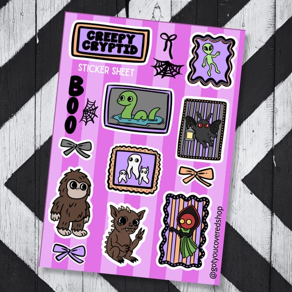 Creepy Cryptids Sticker Sheet | Cute Cryptids Stickers | Junk Journal | Mothman Gift | Spooky Paranormal Sticker Pack
