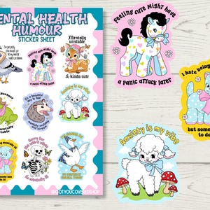 May include: A sticker sheet titled Mental Health Humour featuring illustrations of a pigeon with bread, a pony, a deer, a frog, an opossum, a lamb, a cat, a skeleton, and a goose, alongside two individual die-cut stickers of a pony and a lamb.