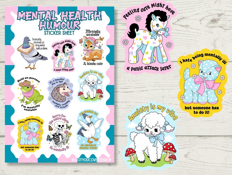 May include: A sticker sheet titled Mental Health Humour featuring illustrations of a pigeon with bread, a pony, a deer, a frog, an opossum, a lamb, a cat, a skeleton, and a goose, alongside two individual die-cut stickers of a pony and a lamb.