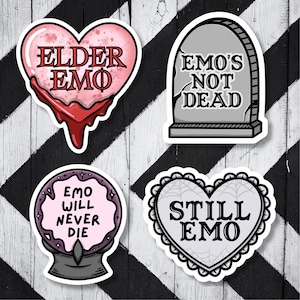 May include: Four stickers with an emo theme. One heart-shaped sticker with the text "ELDER EMO" and dripping blood. A tombstone sticker reads "EMO'S NOT DEAD." A crystal ball sticker says "EMO WILL NEVER DIE." A heart-shaped sticker says "STILL EMO."