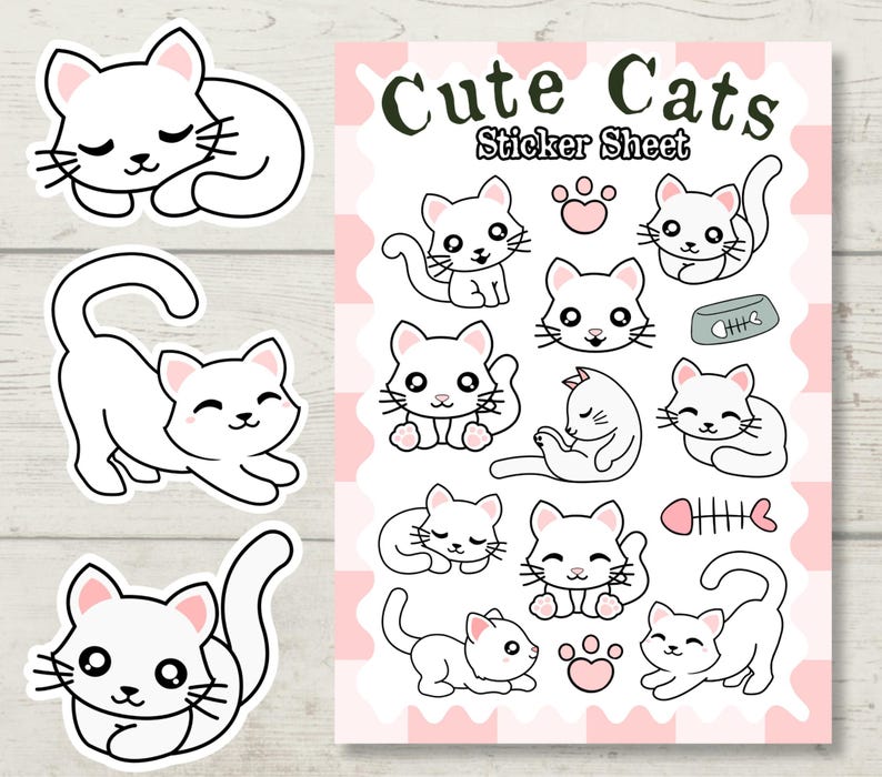 Cute Cat Sticker Sheet | White Cat Lovers | Whimsical Junk Journal ...