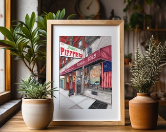 Impression d'art premium | Pizza John's of Bleecker Street | Illustration de New York | Devanture | Dessin | Décoration d'intérieur | Art mural | Cadeaux de pendaison de crémaillère