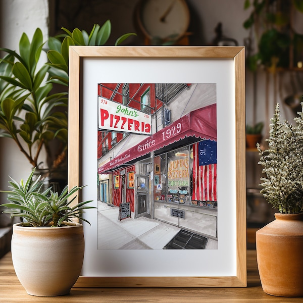 Impression d'art premium | Pizza John's of Bleecker Street | Illustration de New York | Devanture | Dessin | Décoration d'intérieur | Art mural | Cadeaux de pendaison de crémaillère