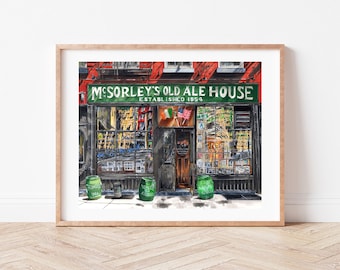 Wydruk artystyczny klasy premium | McSorley&#39;s Old Ale House | East Village Bar | Irish Saloon | Ilustracja z Nowego Jorku | Ręcznie rysowana witryna sklepowa | Prezent