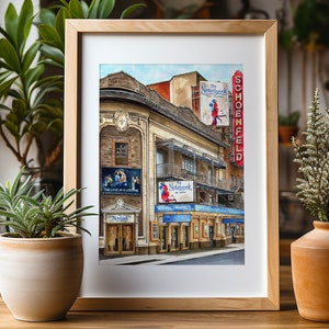 Premium kunstafdruk | Theater Gerald Schoenfeld | Het notitieboek | Broadway-musical | NYC-illustratie | Etalagetekening | Cadeau-idee