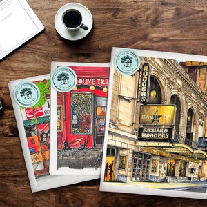May include: Three watercolor paintings of New York City scenes. The first painting shows a red building with a sign that says "Olive Tree". The second painting shows a street scene with a Coca-Cola sign and a building with a sign that says "Burger". The third painting shows the Richard Rodgers Theatre with a sign that says "Hamilton".