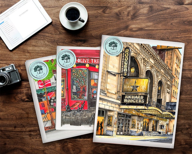 May include: Three watercolor paintings of New York City scenes. The first painting shows a red building with a sign that says "Olive Tree". The second painting shows a street scene with a Coca-Cola sign and a building with a sign that says "Burger". The third painting shows the Richard Rodgers Theatre with a sign that says "Hamilton".