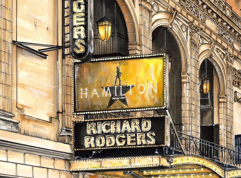 May include: A watercolor illustration of the Richard Rodgers Theatre in New York City. The marquee reads "Hamilton" and "Richard Rodgers".