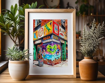 Premium Art Print | Two Boots Pizza | Cajun | East Village | NYC Illustration | Storefront | Drawing | Home Decor | Housewarming Gifts