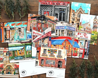 Classic NYC: Hand-Illustrated Postcard Set of 12 | New York City Storefront Illustration | Mini Art Prints | Gift | Illustrated Stationery