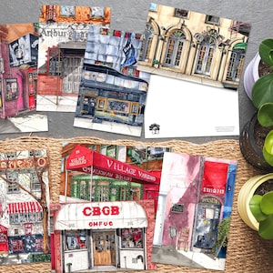 Nova York para amantes da música: conjunto de 8 cartões postais ilustrados à mão | Cena musical lendária de Nova York | Mini impressões | Ideia para presente | Papelaria