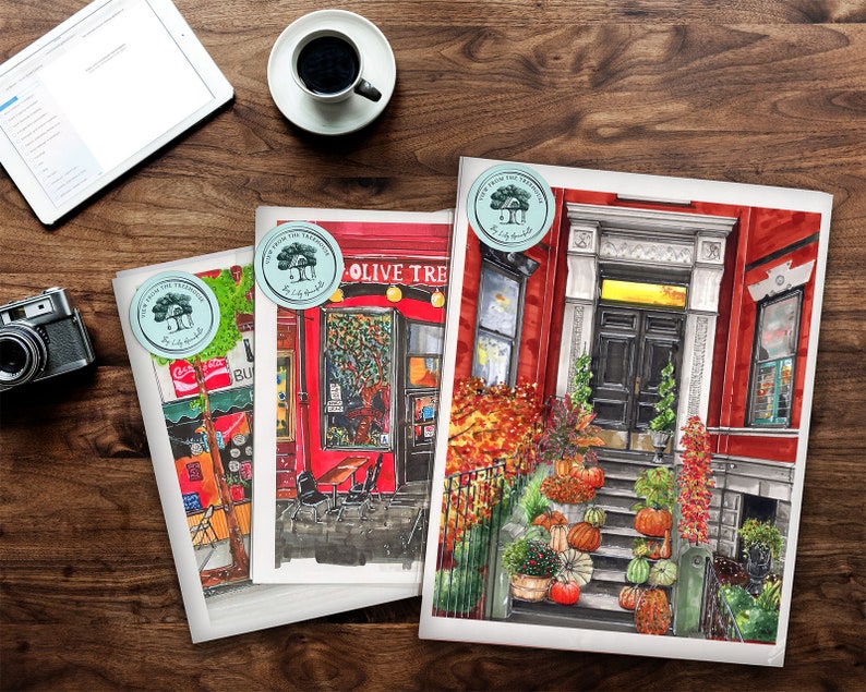 Premium Art Print Autumn West Village Stoop Fall Foliage Halloween Thanksgiving New York NYC Illustration Gift Housewarming image 3