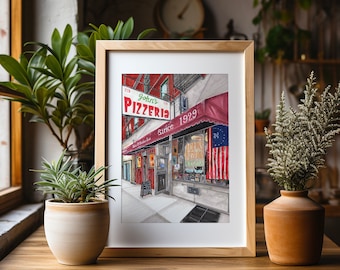 Wydruk artystyczny klasy premium | John&#39;s of Bleecker Street Pizza | Ilustracja z Nowego Jorku | Witryna sklepowa | Rysunek | Wystrój domu | Sztuka ścienna | Prezenty na parapetówkę