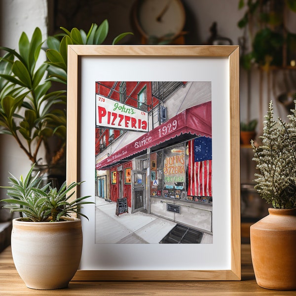 Premium Art Print | John's of Bleecker Street Pizza | NYC Illustration | Storefront | Drawing | Home Decor | Wall Art | Housewarming Gifts