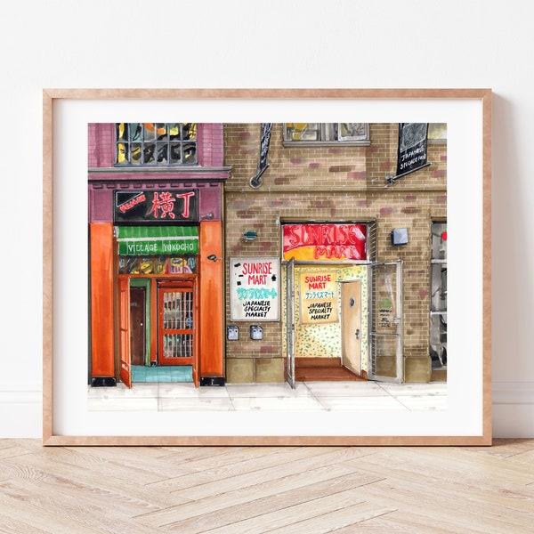 Impression d’art haut de gamme | Marché du lever du soleil | Village Yokocho | Illustration de New York | Village de l'Est | Vitrine de magasin | Décor | Art mural | Cadeaux de pendaison de crémaillère