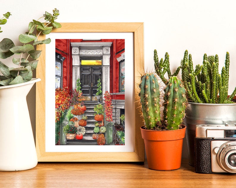 Premium Art Print Autumn West Village Stoop Fall Foliage Halloween Thanksgiving New York NYC Illustration Gift Housewarming image 5