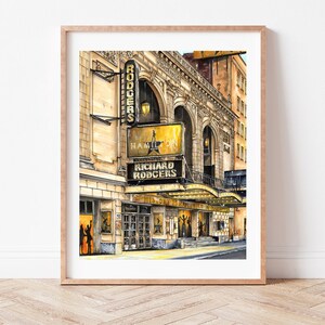 May include: A watercolor painting of the Richard Rodgers Theatre in New York City. The theatre is decorated with gold accents and has a sign that reads "Hamilton" and "Richard Rodgers".