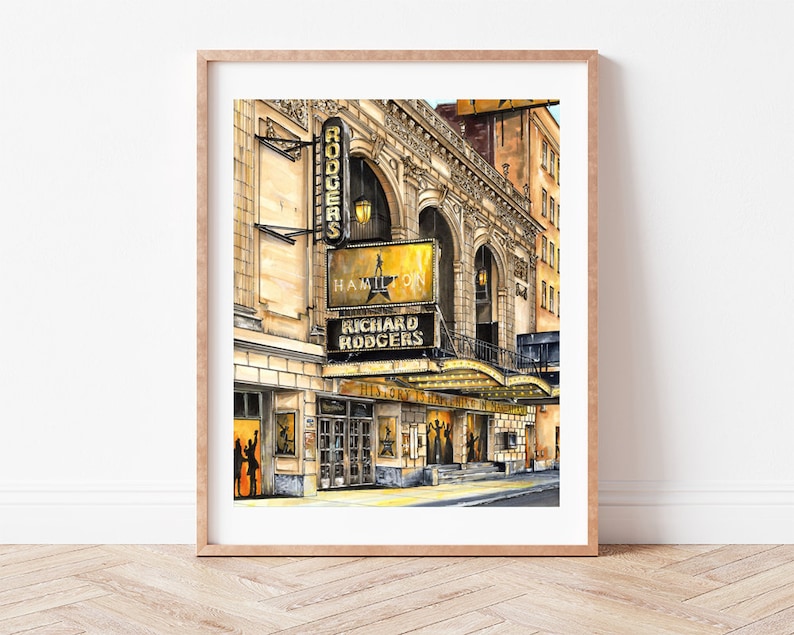 May include: A watercolor painting of the Richard Rodgers Theatre in New York City. The theatre is decorated with gold accents and has a sign that reads "Hamilton" and "Richard Rodgers".