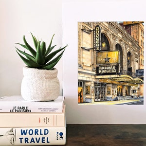 May include: A watercolor painting of the Richard Rodgers Theatre in New York City. The marquee reads "Hamilton" and "Richard Rodgers".