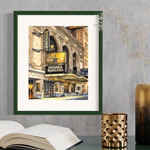 May include: A watercolor painting of the Richard Rodgers Theatre in New York City. The theatre is decorated with a marquee that reads "Hamilton" and "Richard Rodgers".