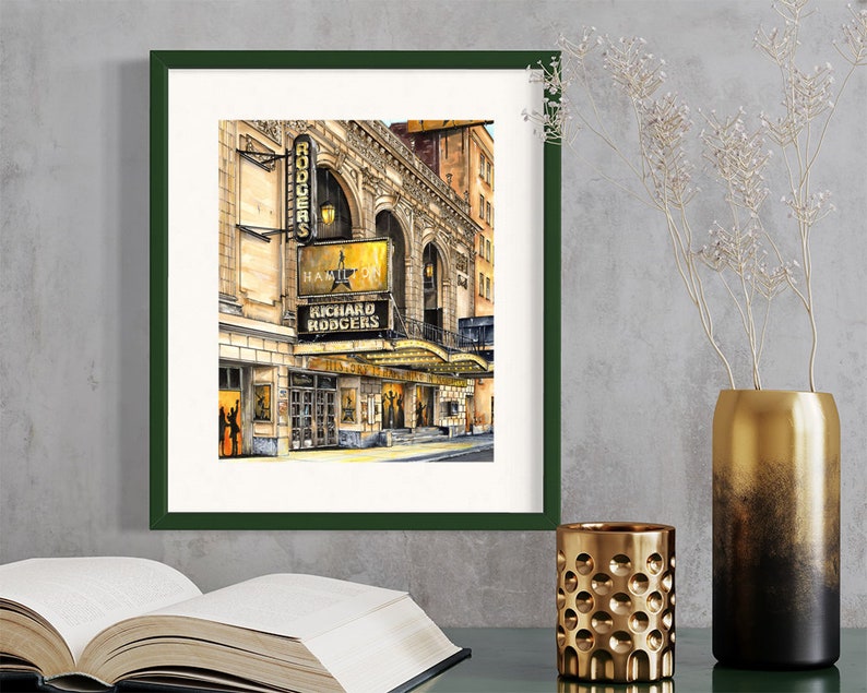 May include: A watercolor painting of the Richard Rodgers Theatre in New York City. The theatre is decorated with a marquee that reads "Hamilton" and "Richard Rodgers".