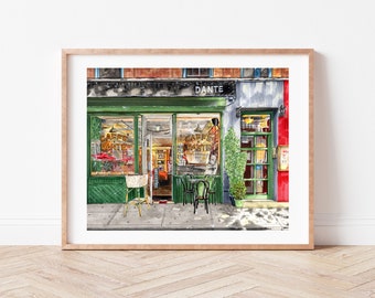 Wydruk artystyczny klasy premium | Dante Caffe | Greenwich Village | MacDougal St | Ilustracja z Nowego Jorku | Sztuka brunchowa | Koktajl | Ręcznie rysowana witryna sklepowa | Prezent