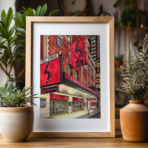 May include: A watercolor painting of a Broadway theater marquee with the words "Neil Simon" and "A Funny Thing Happened on the Way to the Forum" displayed. The marquee is decorated with red and gold accents and features a silhouette of a person jumping in the air.