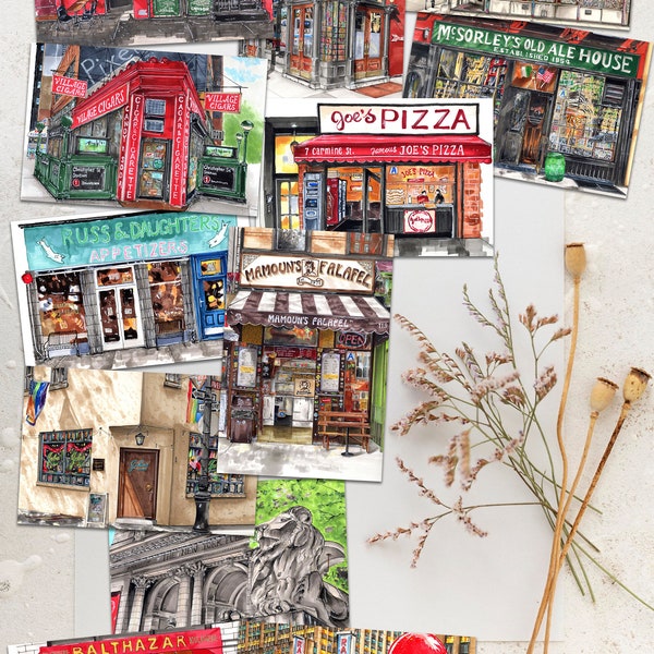 Quintessential NYC: Hand-Illustrated Postcard Set of 12 | Iconic New York City Storefronts | Mini Prints | Gift Idea | Stationery