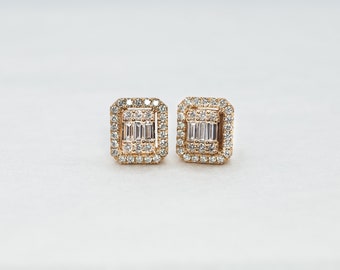 0.35ct 56 Round Diamonds and 0.17ct 6 Baguette Diamonds Stud Earrings, 14k Yellow/White/Rose Gold Push Back Pave Studs