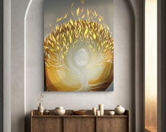 May include: An abstract painting of a tree with golden leaves and a white center is displayed on a wall. The artwork hangs above a wooden cabinet with decorative items. A round, woven rug sits on the floor, enhancing the room's decor.