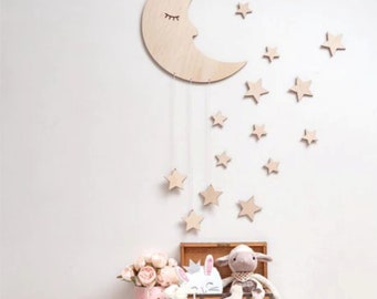 Sleeping Moon & Stars Shape 4 mm Birch Wood Laser Cut Wall Decor Christmas Gift