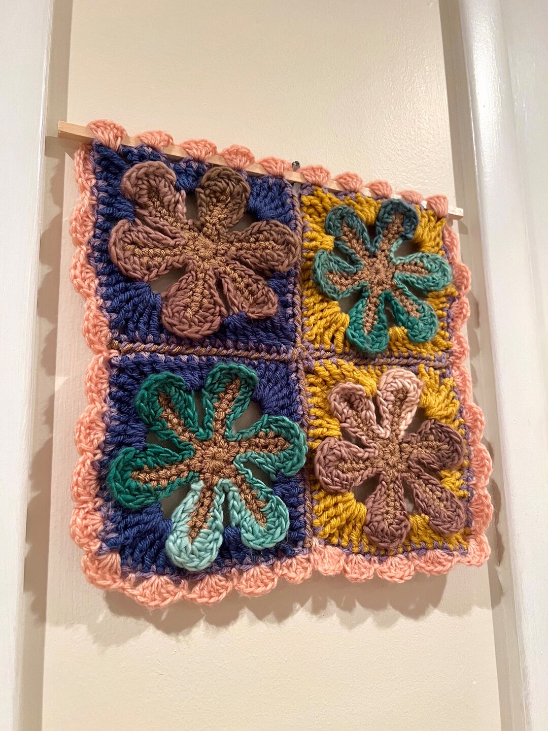 Crochet Flower Wall Art Granny Square Wall Hanging Tapestry Etsy