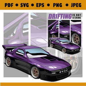 Op de afbeelding: Een paarse en zwarte sportwagen met een grote achtervleugel en de tekst "Drifting is not a crime" aan de zijkant.
