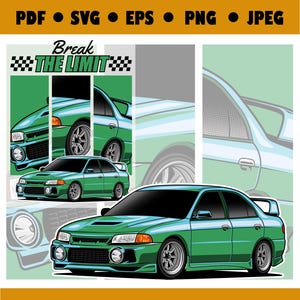 May include: Green sports car illustration with the text "Break The Limit". The car has a spoiler, custom wheels, and a black roof. The image also includes the file type icons: PDF, SVG, EPS, PNG, and JPEG.