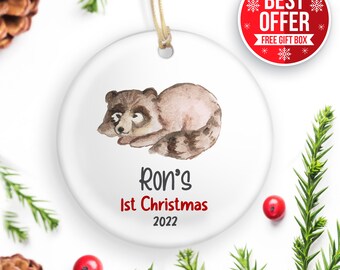 Baby's First Christmas Ornament, Personalized Baby's Christmas Keepsake, New Baby Gift, Baby Raccoon Ornament, 2022 Custom Baby Ornament