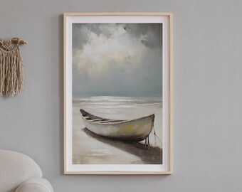 Seaside Beach Boat Wall Art, Abstract Coastal Decor, Calm Water Exhibition Print, Digital Download